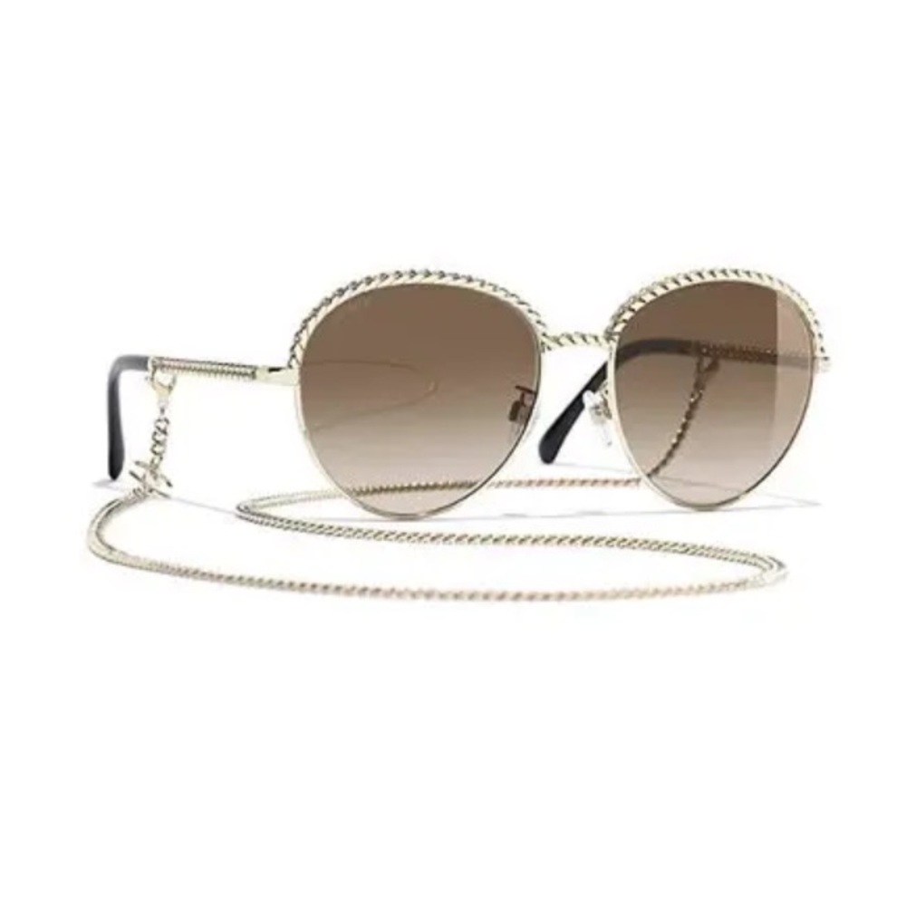CHANEL Pantos Light Gold/Brown Sunglasses with Chain - Picture 3 of 17